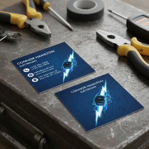 Modern Trendy Cool Blue Lightning Electrician Busi Square Business Card