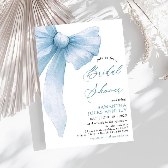 Modern Trendy Coquette Blue Bow Bridal Shower Invitation (Creator Uploaded)
