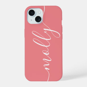 Modern Trendy Coral Pink Calligraphy Script Name iPhone 15 Case