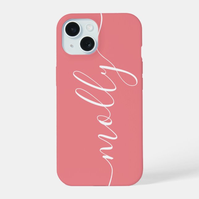 Modern Trendy Coral Pink Calligraphy Script Name iPhone 15 Case (Back)