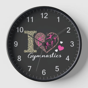 Modern Trendy Cute I Love Gymnastics Leopard Clock