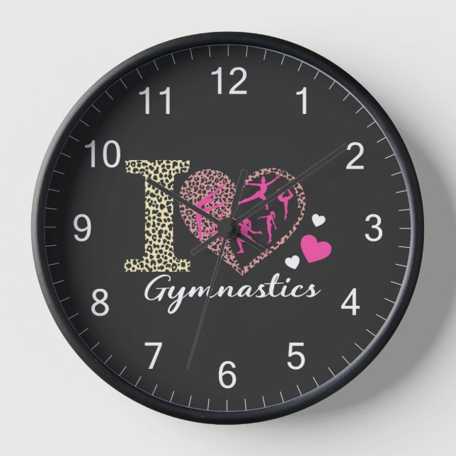 Modern Trendy Cute I Love Gymnastics Leopard       Clock (Front)