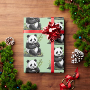 Modern Trendy Cute Panda Bear With Greenery Bamboo Wrapping Paper