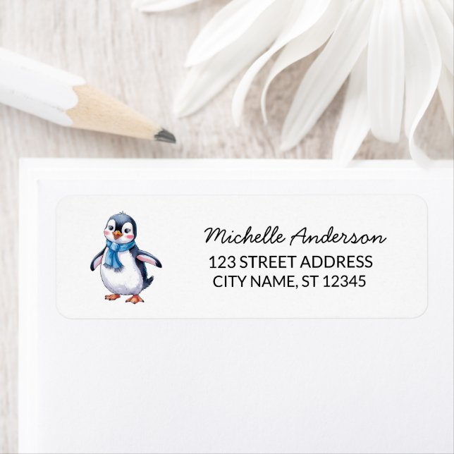 Modern Trendy Cute Penguin Return Address          (Insitu)