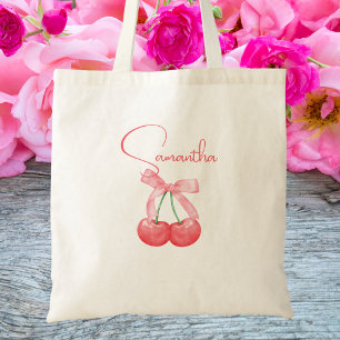 Modern Trendy Cute Pink Bow & Cherries Tote Bag
