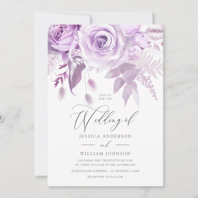 Modern Trendy Designer Lavender Rose Wedding Invitation (Front)