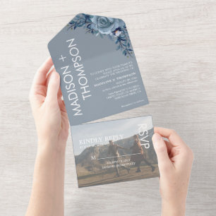 Modern Trendy Dusty Blue Photo Wedding All In One  All In One Invitation