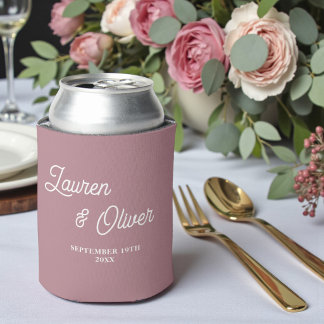 Modern Trendy Dusty Rose Script Wedding Can Cooler