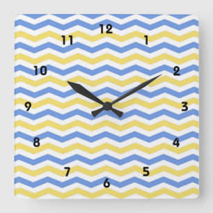 Modern, trendy, elegant blue and yellow chevron square wall clock
