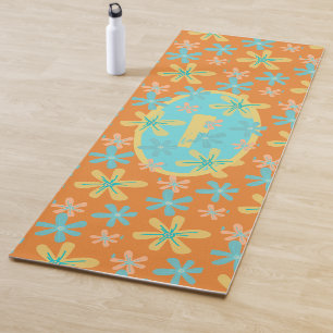 Modern Trendy Floral Orange Yellow Cyan Monogram Yoga Mat