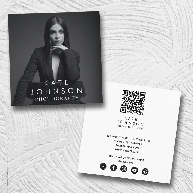 Modern Trendy Full Photo Black White Photography Square Business Card (Modern Trendy Full Photo Black White Photography Square Business Card)