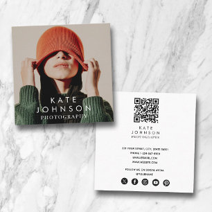 Modern Trendy Full Photo QR Code Social Media Square Business Card