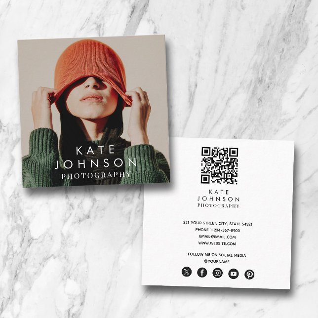 Modern Trendy Full Photo QR Code Social Media  Square Business Card (Modern Trendy Full Photo QR Code Social Media Square Business Card)