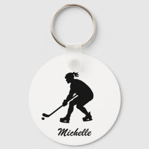 Modern Trendy Girl Playing Ice Hockey Personalised Key Ring