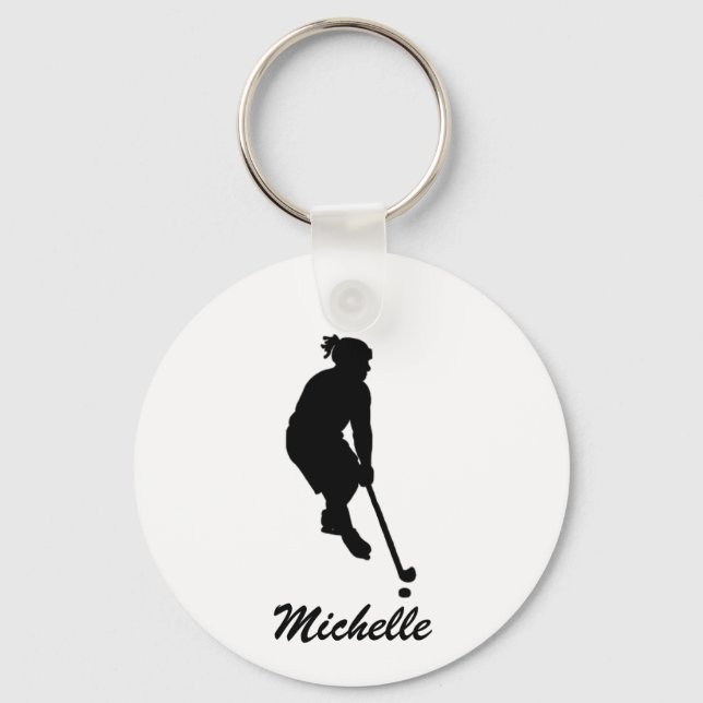 Modern Trendy Girl Playing Ice Hockey Personalised Key Ring (Front)