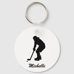 Modern Trendy Girl Playing Ice Hockey Personalised Key Ring