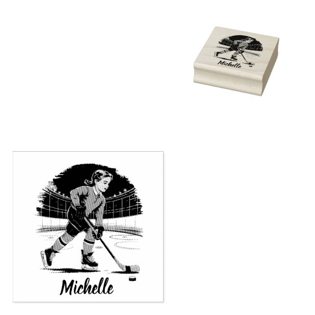 Modern Trendy Girl Playing Ice Hockey Personalised Rubber Stamp (Stamped)