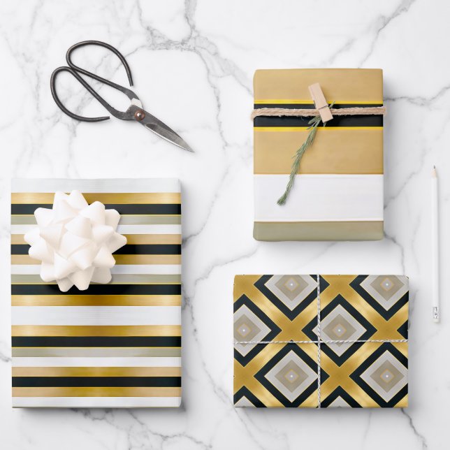 Modern Trendy Gold Black and White Geometric Wrapping Paper Sheet (Front)