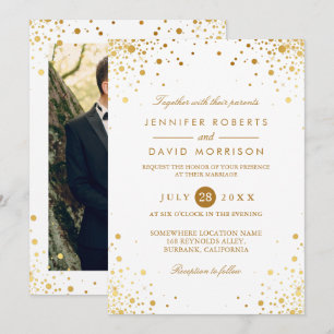 Modern Trendy Gold Confetti Dots Wedding Photo Invitation