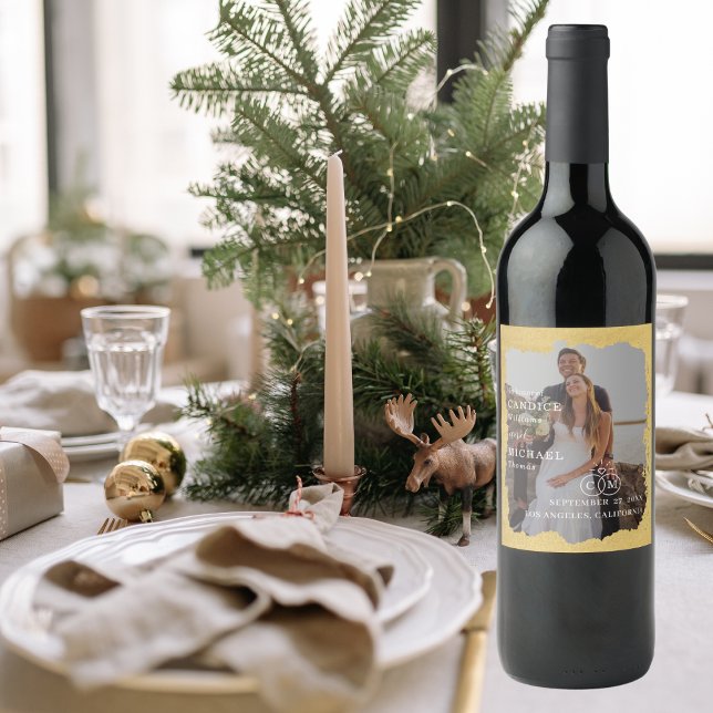 Modern Trendy Gold Frame Photo Wedding Wine Label (Creator Uploaded)