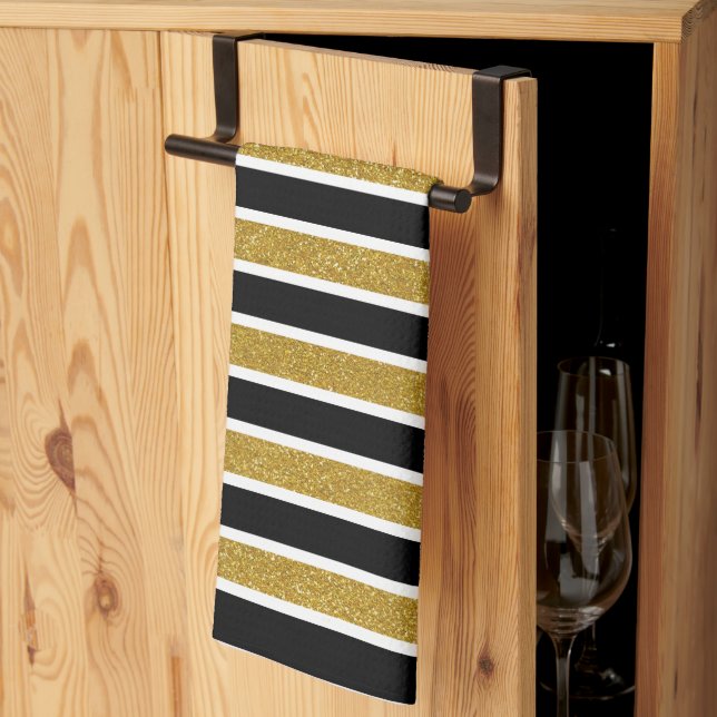 Modern Trendy Gold Glitter Black White Stripes Tea Towel (Thirds Fold)
