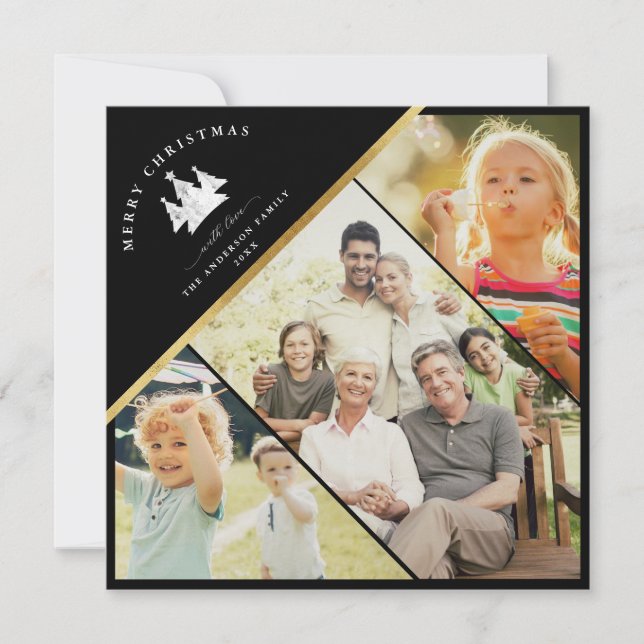 Modern Trendy Gold MERRY CHRISTMAS Photo Black Holiday Card (Front)