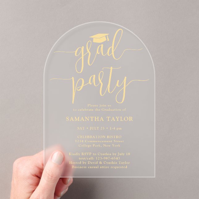 Modern Trendy Gold Script Grad Party Translucent  Acrylic Invitations (Insitu (Handheld))