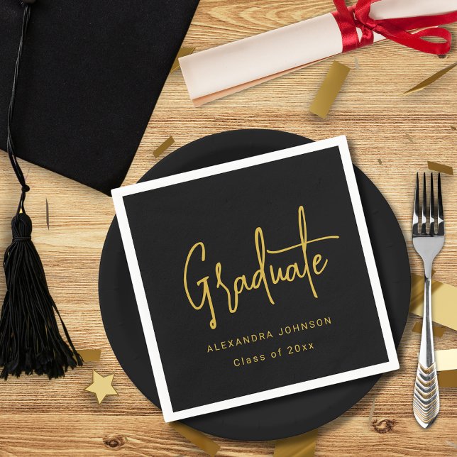 Modern Trendy Gold Script Graduation Party Custom Napkin (Trendy modern gold script graduation party custom black and white paper napkins With graduate name)