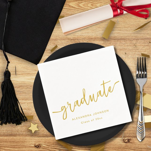 Modern Trendy Gold Script Graduation Party Napkin (Modern trendy gold script graduation party custom paper napkins with graduate name and class of 2025)
