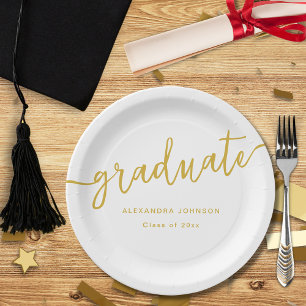 Modern Trendy Gold Script Graduation Party Paper Plate