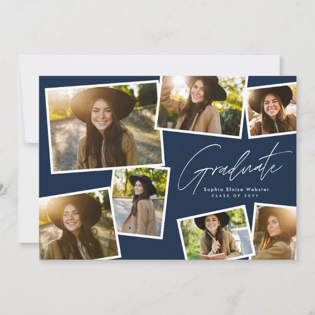 Modern trendy graduate 7 photo navy graduation announcement (Front)