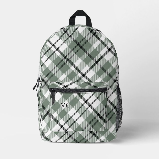 Modern Trendy Green Check Plaid Monogram Initials Printed Backpack (Front)