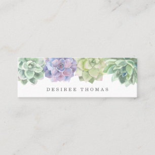 Modern Trendy Green Purple Watercolor Succulents Mini Business Card