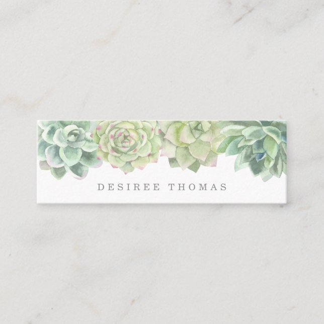 Modern Trendy Green Watercolor Succulents Mini Business Card (Front)