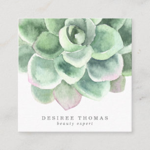 Modern Trendy Green Watercolor Succulents Square Business Card