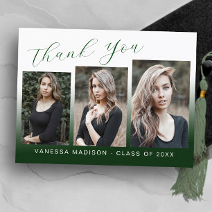 Modern Trendy Green & White 3 Photo Grad Thank You Postcard