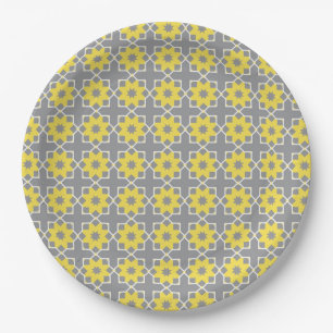Modern Trendy Grey and Yellow Flowers  Paper Plate