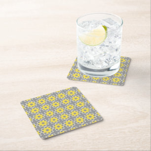 Modern Trendy Grey and Yellow Flowers Square Paper Coaster