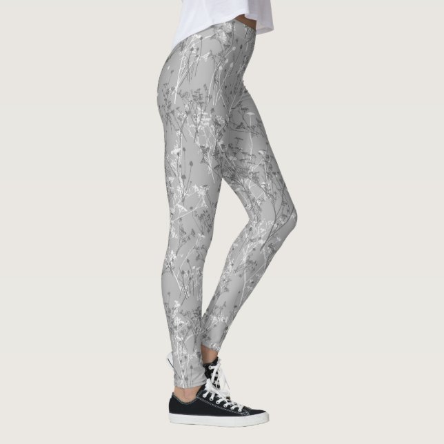 Modern Trendy Grey Wildflower Pattern Leggings (Right)