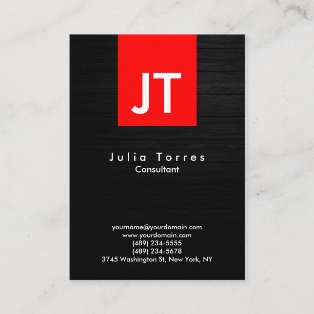 Modern Trendy Grey Wood Red Monogram Business Card (Front)