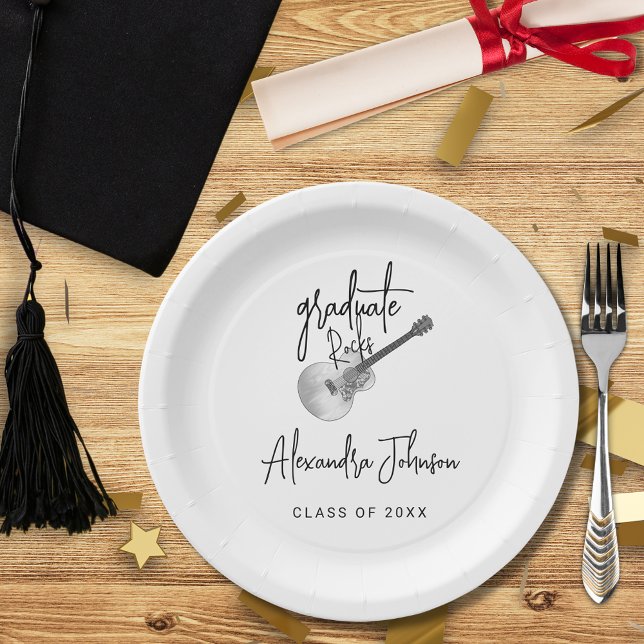 Modern Trendy Guitar Graduation Party Paper Plate (Modern script rustic country guitar music themed graduation party custom paper plate)