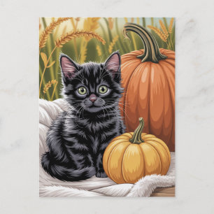 Modern Trendy Halloween Pumpkins and Black Cat  Postcard