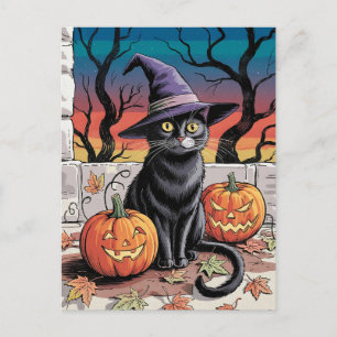 Modern Trendy Halloween Pumpkins and Black Cat  Postcard