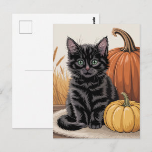 Modern Trendy Halloween Pumpkins and Black Cat  Postcard