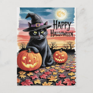 Modern Trendy Halloween Pumpkins and Black Cat  Postcard