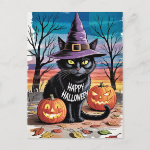 Modern Trendy Halloween Pumpkins and Black Cat  Postcard