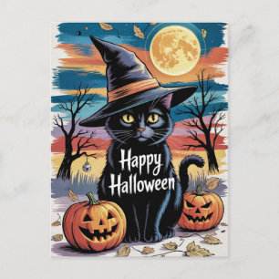 Modern Trendy Halloween Pumpkins and Black Cat  Postcard