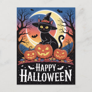 Modern Trendy Halloween Pumpkins and Black Cat  Postcard