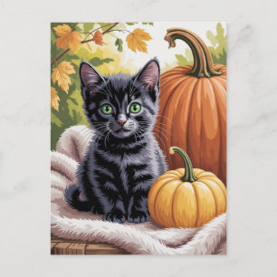 Modern Trendy Halloween Pumpkins and Black Cat  Postcard
