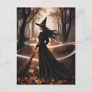 Modern Trendy Halloween Witch in Forest            Postcard